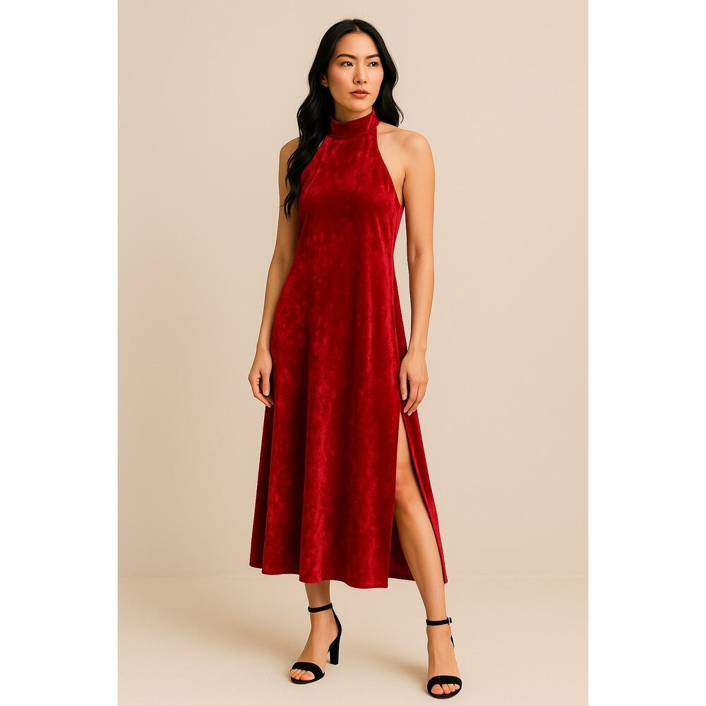 Bar III Red Crushed Velvet Halter Midi Dress – Size XS – NWT